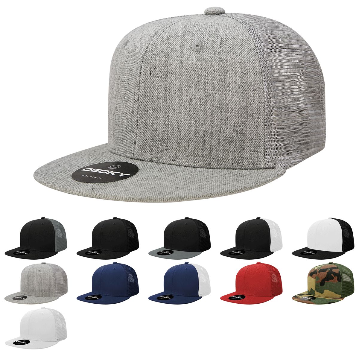 Decky 1052 6 Panel Trucker Hat Flat Bill Snapback - Blank