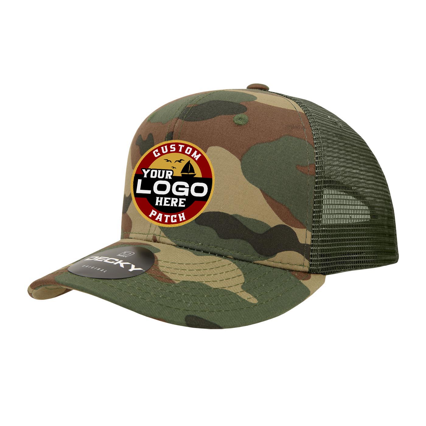 Custom Patch Decky 1054 - Camo Curve Bill Trucker Hat, 6 Panel Camo Trucker Cap