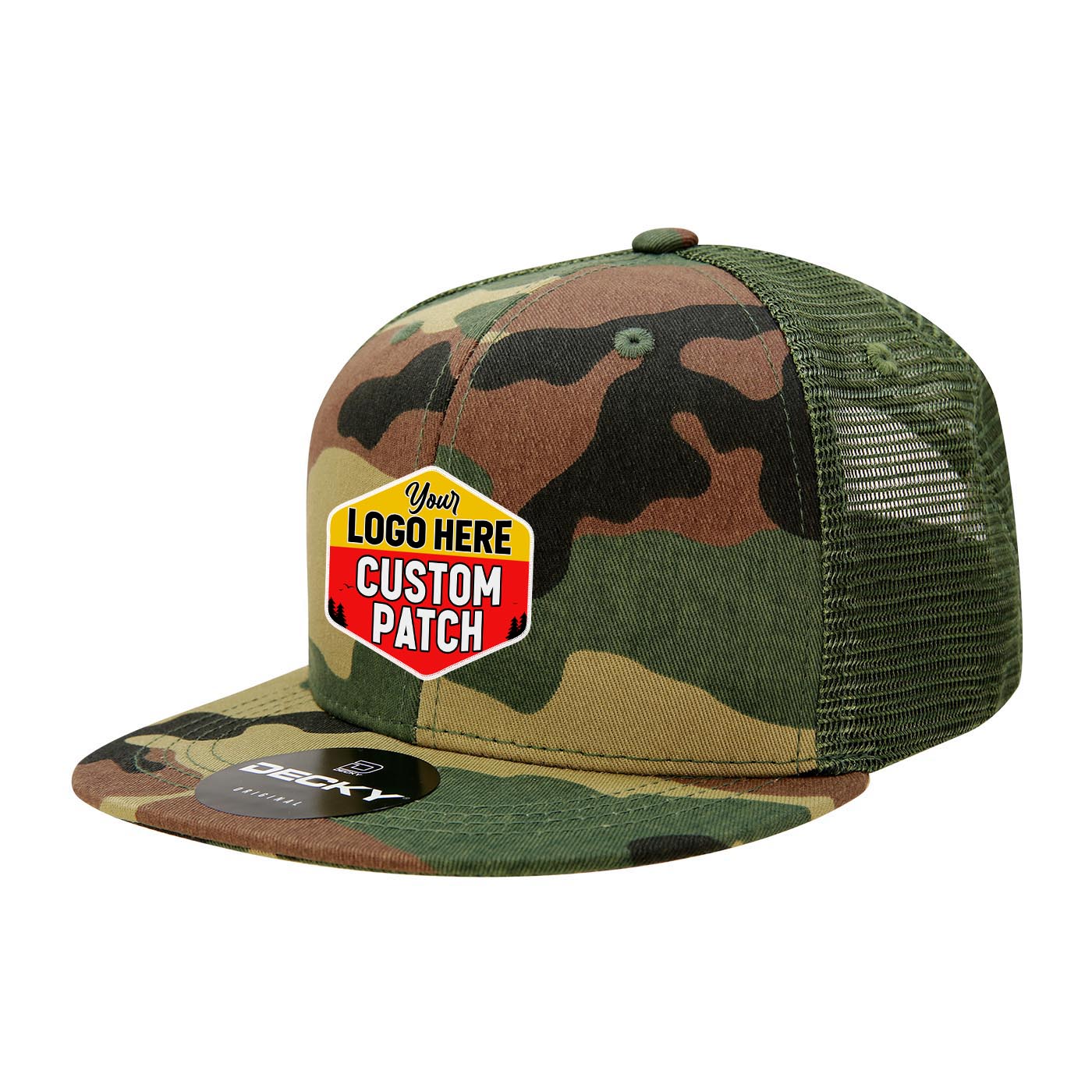 Custom Patch Decky 1055 - Camo Flat Bill Trucker Hat, Camouflage 6 Panel Trucker Cap