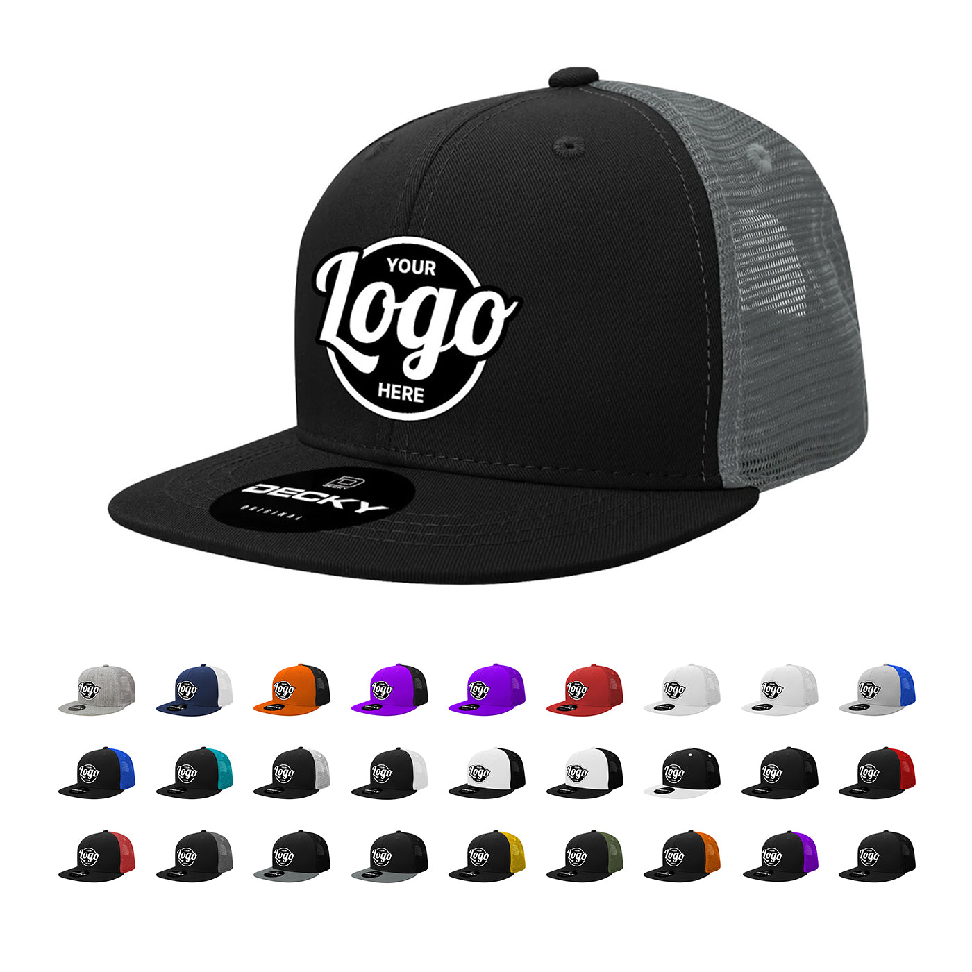 Custom Embroidered Decky 1052 Panel Trucker Hat, Flat Bill Snapbac