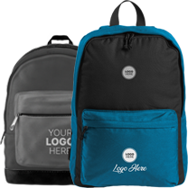 Customizable backpacks in two colors with placeholder for logos