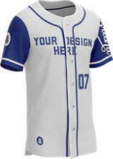 Customizable white baseball jersey with blue piping and placeholder for design and number 07.
