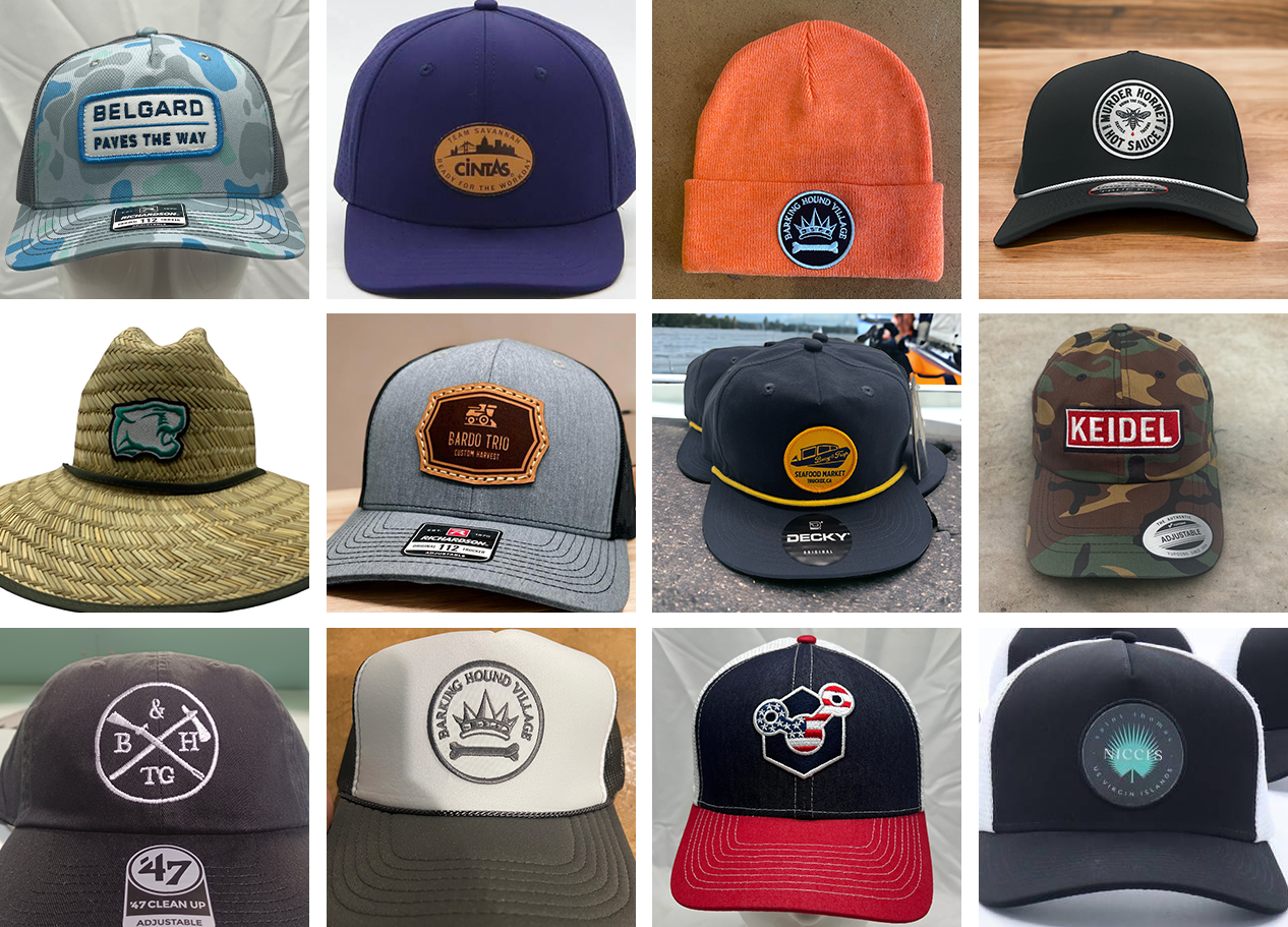 Assortment of hats with various logos: a camo print, a straw hat, trucker caps, a beanie, and a baseball cap on a neutral background.