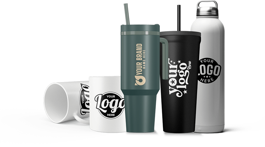 A variety of customizable drinkware, including two mugs, two tumblers, and a water bottle, each featuring a personalized logo or brand name.