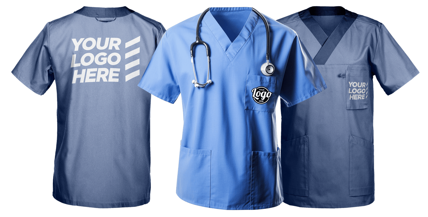 Custom healthcare scrubs in blue shades with logo placement, ideal for doctors, nurses, and hospital staff uniforms.