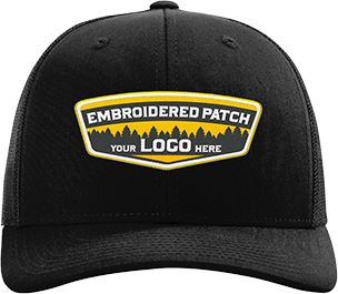 Black hat with an area for an embroidered patch.