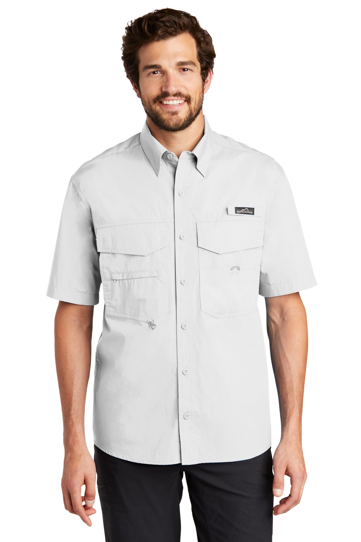Front View of White Eddie Bauer - Short Sleeve Fishing Shirt. EB608