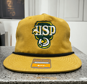 Yellow bucket hat with green 'USP' logo and Richardson tag.
