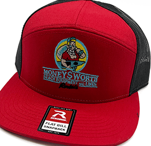 Red and black trucker hat with Moneysworth logo and Richardson tag.
