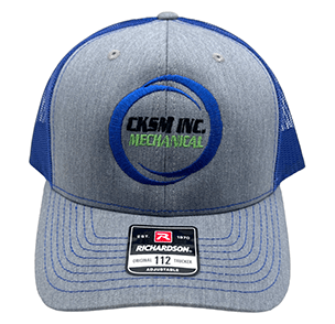 Blue and gray trucker hat with 'CKSM INC. Mechanical' logo and Richardson tag.