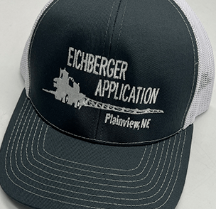 Gray and white trucker hat with 'Eichberger Application Plainview, NE' text.