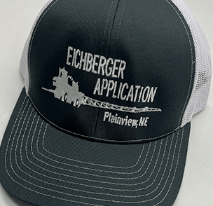 Gray and white trucker hat with 'Eichberger Application Plainview, NE' text.