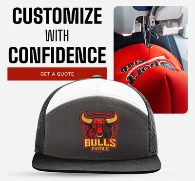 Ad for custom cap embroidery. Sewing machine on red hat, 'Bulls Pueblo' logo on a trucker hat, with text 'Customize with confidence - Get a quote'.