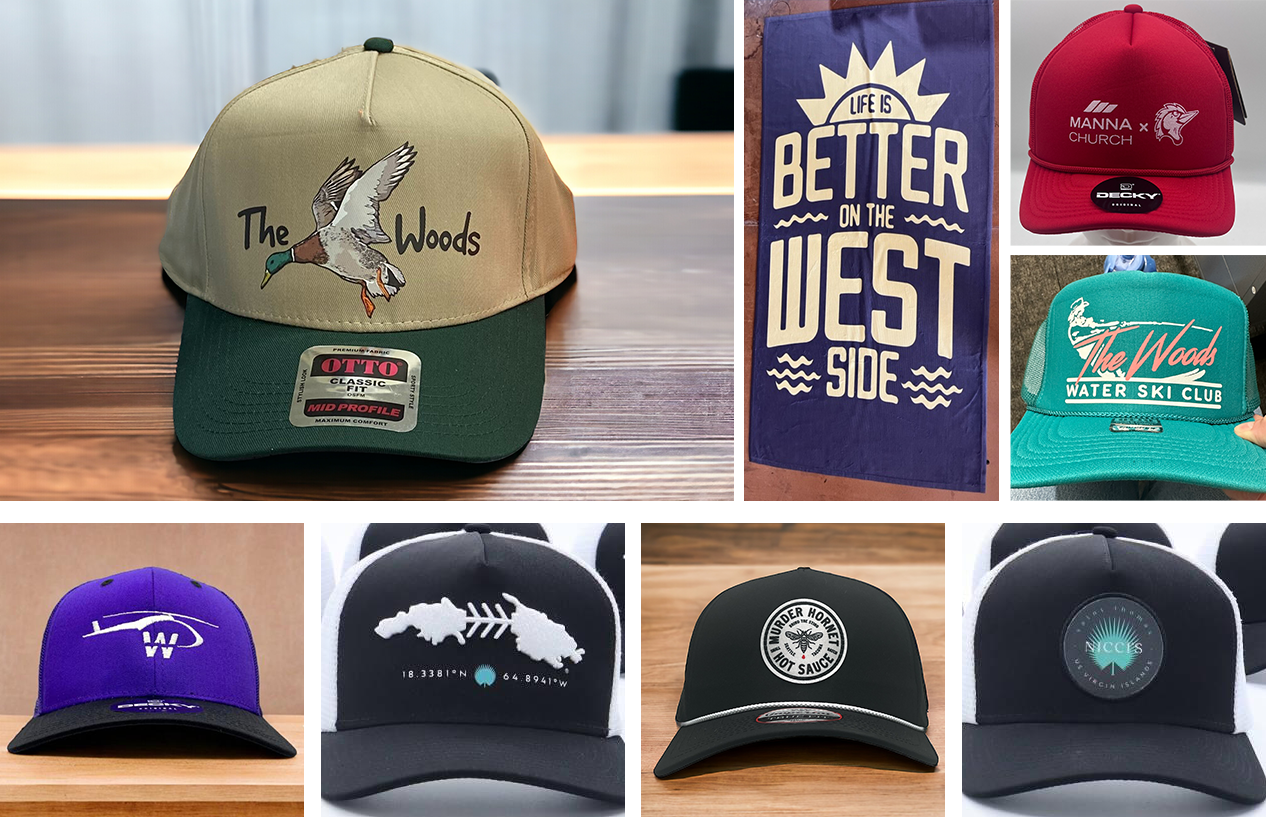 Collage of six caps with various logos and designs including animals, text, and symbols, displayed on different backgrounds.