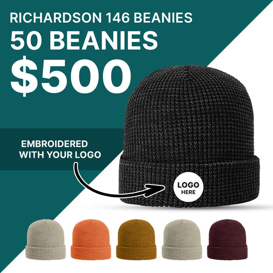 Richardson Beanie Custom Logo Package Deal - Style 146 Waffle Knit Beanie - Star Hats & Embroidery