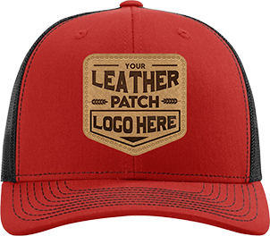 Red cap with leather patch area for branding.