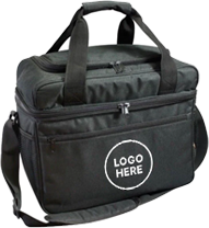 Black cooler bag with a customizable logo area on the front