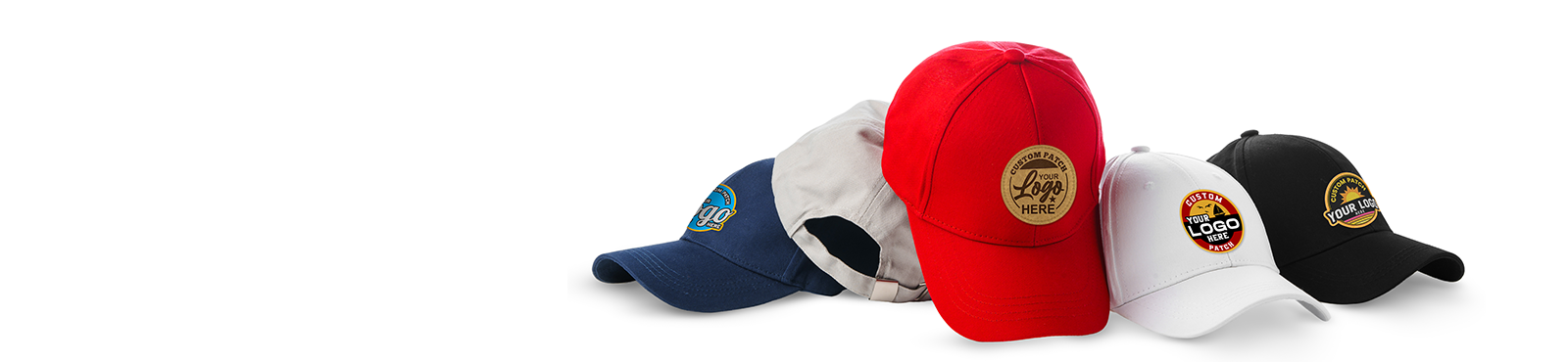 Five baseball caps in a row, each with a different colored front and a mockup patch for custom logos, on a white background.