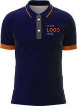 A navy blue polo shirt mock-up with orange trim and "YOUR LOGO HERE" text.
