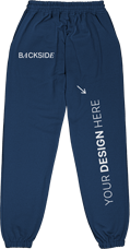 Navy blue sweatpants with a "YOUR DESIGN HERE" text on the front and "BACKSIDE" on the rear.