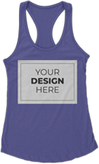 A purple racerback tank top mock-up with a "YOUR DESIGN HERE" square on the front, ready for personalization.