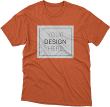A mock-up of a terracotta t-shirt with a "YOUR DESIGN HERE" label on the chest.
