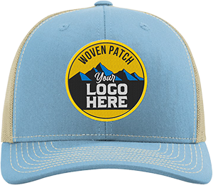 Blue cap with a woven patch, customizable.