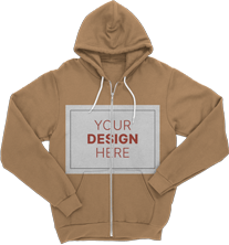 A brown zip-up hoodie with a placeholder for a custom design on the chest and white drawstrings.