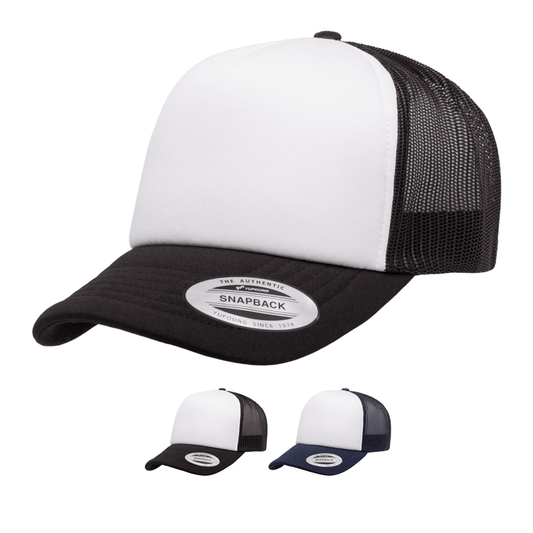 Custom Embroidered Yupoong 6320W Curved Foam Trucker Hat, White Front - Star Hats & Embroidery