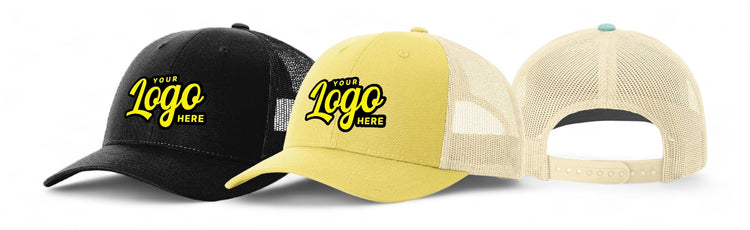 Three 6-panel hats in black, yellow, and cream, all featuring a prominent 