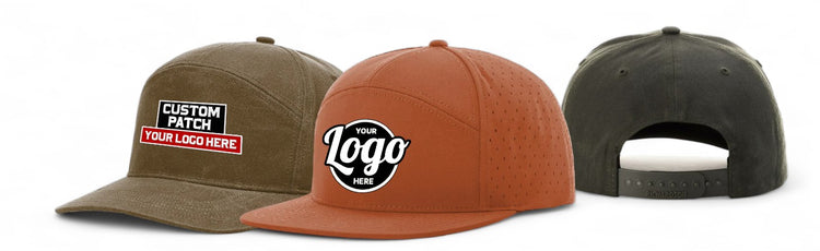Trio of 7-panel hats in olive, tan, and gray, each showcasing a customizable patch for your logo