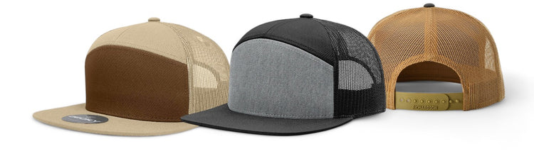 Trio of 7-panel hats in beige, gray, and golden tan, featuring solid and mesh panels with adjustable straps
