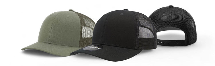 Three mesh-back hats in olive green, black, and black mesh showcasing adjustable snap closures, ready for your custom logo