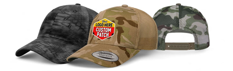 Three caps in varying camo patterns and textures, each featuring a space for a custom logo patch on the front.