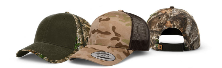 Trio of camo hats in green, tan, and brown patterns, ideal for outdoor activities, with mesh backs and snap closures