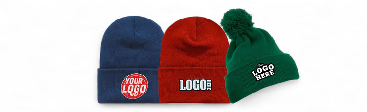 Three beanies in blue, red with a pom, and green, each displaying a customizable patch for adding logos