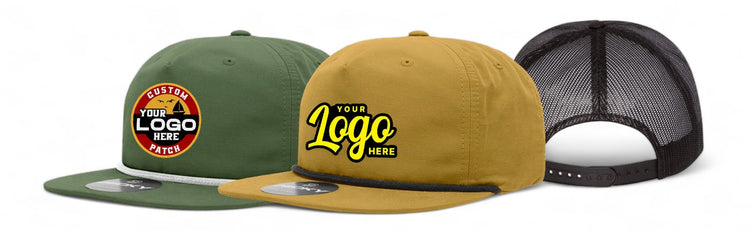 Two flat bill hats, one green and one mustard yellow, each featuring a customizable logo patch, displayed side by side