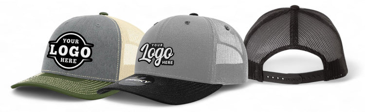 Three trucker hats in gradient green, gray, and black, showcasing customizable logo patches, aligned side by side