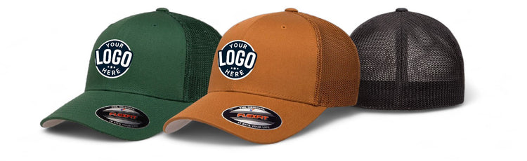 Three Flexfit hats in dark green, caramel, and black, each displaying a customizable logo patch