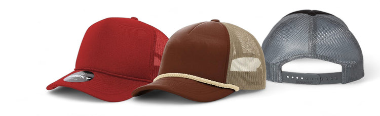 Three foam trucker hats: red with full fabric, brown with tan mesh and a rope detail, and gray with black mesh, adjustable backs