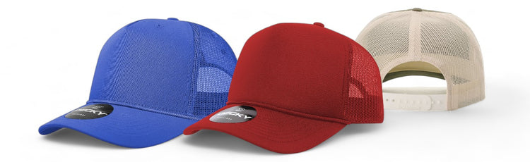 Vibrant collection of rope hats in blue, red, and beige, each with a curved visor and adjustable snapback