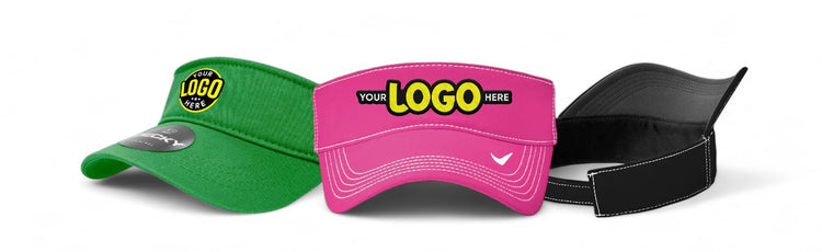Three colorful visors in green, pink, and black, each featuring a customizable logo patch for branding