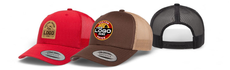 Three YP Classics snapback hats in vibrant red, brown, and black mesh, each with a unique logo patch.