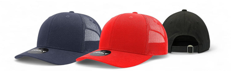 Three youth baseball caps in navy, red, and black, featuring mesh back panels and adjustable straps