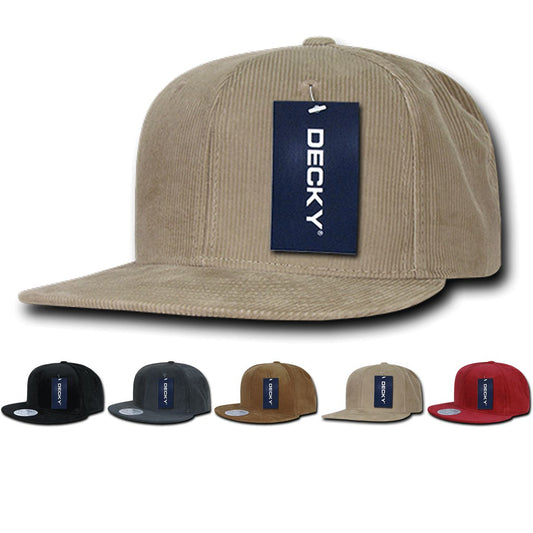 Decky 1076 Corduroy Snapback Hat, 6 Panel Flat Bill Cap - Blank - Star Hats & Embroidery