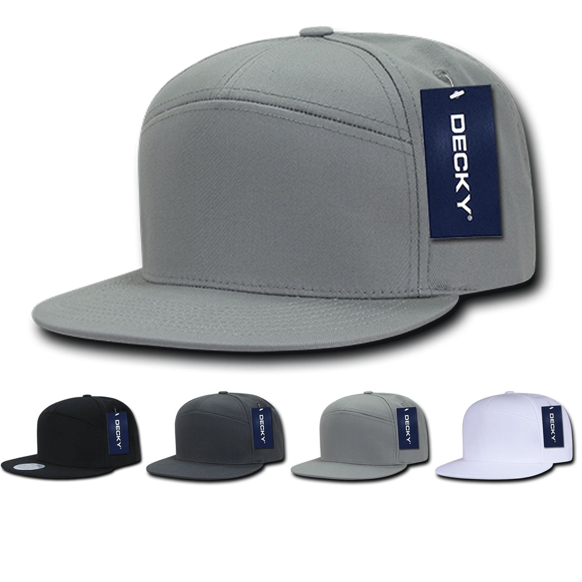 Decky 1098 7 Panel Flat Bill Hat Snapback, 7 Panel High Profile Structured Cap - Blank