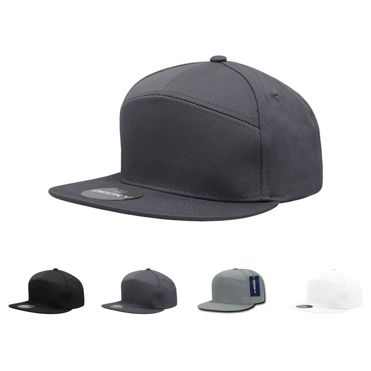 Decky 1098 7 Panel Flat Bill Hat Snapback, 7 Panel High Profile Structured Cap - Blank