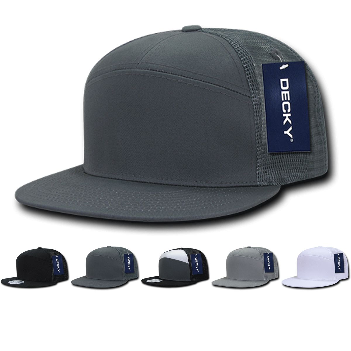 Decky 1133 7 Panel Trucker Hat Flat Bill Snapback - Blank