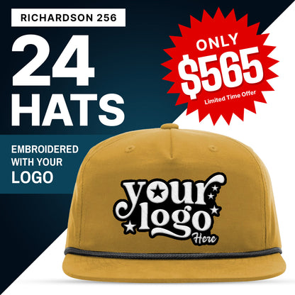 24 Hats Custom Logo Richardson 256 Umpqua Hats, 5 Panel Rope Caps Embroidered Package Deal