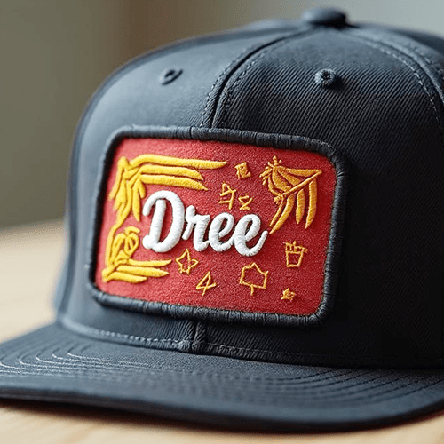 A sleek black cap with a vibrant red and yellow embroidered patch showcasing intricate design details and the word 'Dree.'